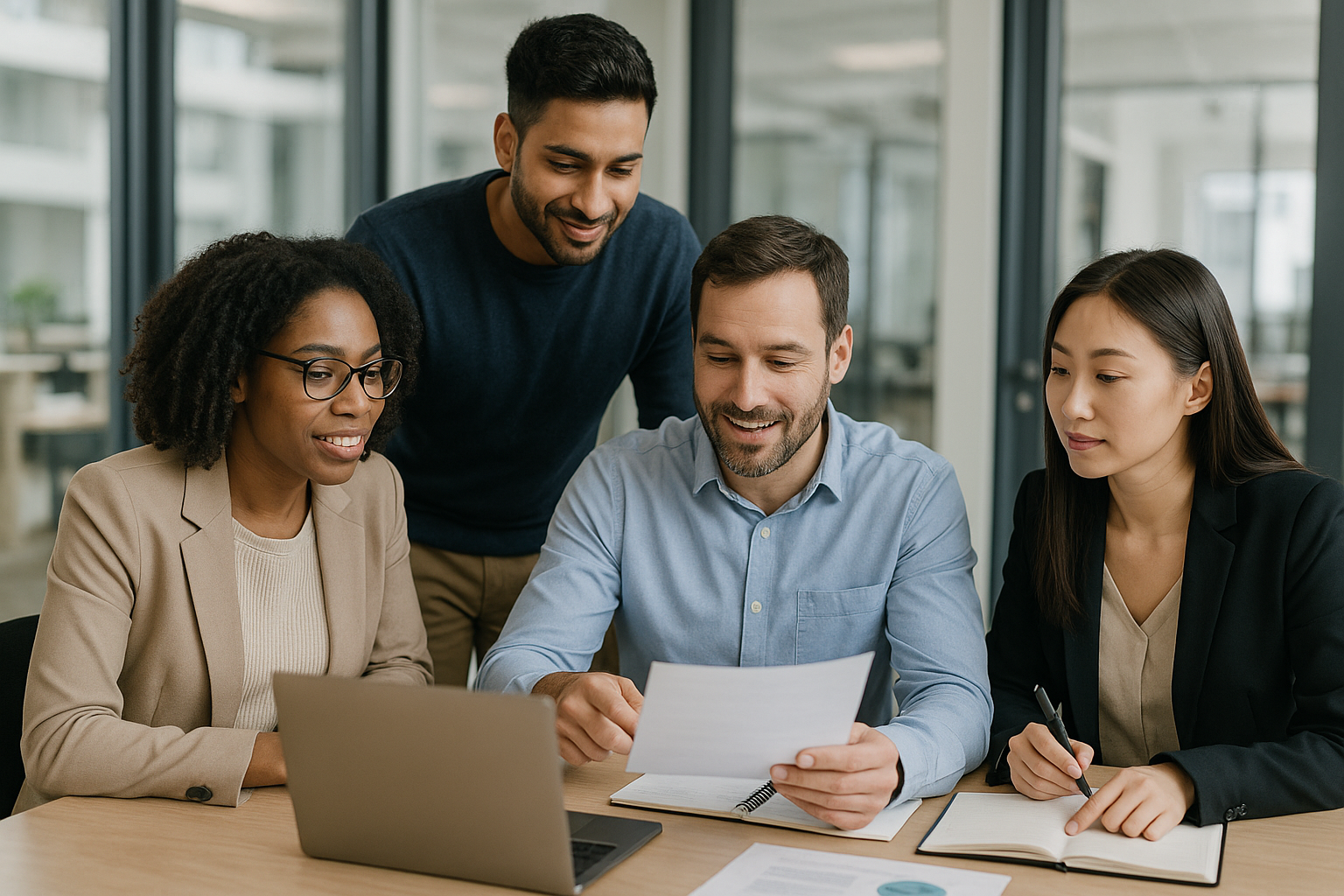 Diverse team collaborating in a modern office